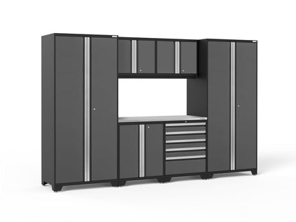 NewAge | Pro Series 7 Piece Cabinet Set with Base, Wall, Tool Drawer Cabinet, Lockers and 56 in. Worktop