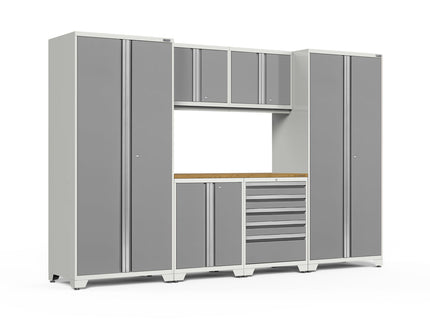 NewAge | Pro Series 7 Piece Cabinet Set with Base, Wall, Tool Drawer Cabinet, Lockers and 56 in. Worktop