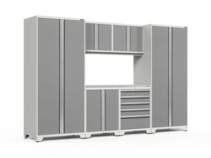 NewAge | Pro Series 7 Piece Cabinet Set with Base, Wall, Tool Drawer Cabinet, Lockers and 56 in. Worktop