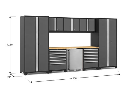 NewAge | Pro Series 9 Piece Cabinet Set with Wall, Tool Drawer Cabinet, Lockers, and Stainless Steel Door Fridge