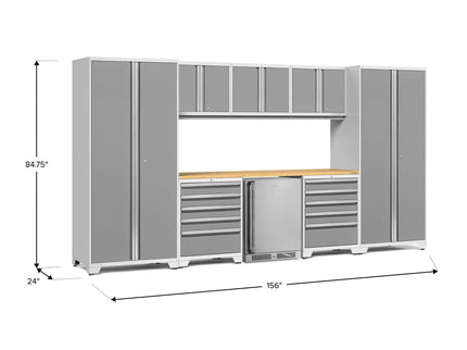 NewAge | Pro Series 9 Piece Cabinet Set with Wall, Tool Drawer Cabinet, Lockers, and Stainless Steel Door Fridge