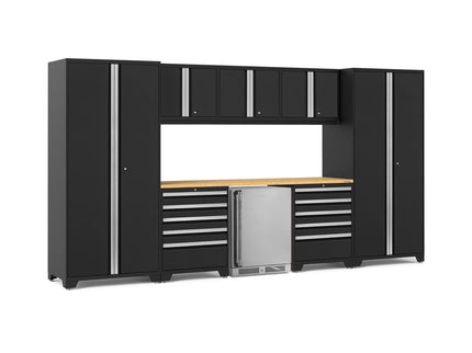NewAge | Pro Series 9 Piece Cabinet Set with Wall, Tool Drawer Cabinet, Lockers, and Stainless Steel Door Fridge