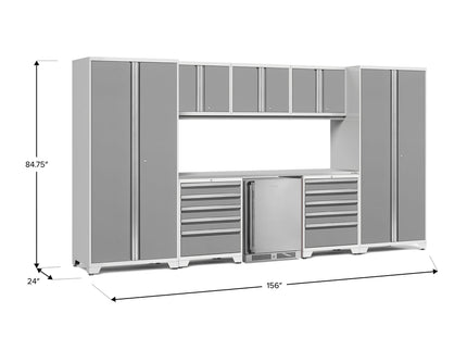NewAge | Pro Series 9 Piece Cabinet Set with Wall, Tool Drawer Cabinet, Lockers, and Stainless Steel Door Fridge