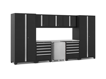 NewAge | Pro Series 9 Piece Cabinet Set with Wall, Tool Drawer Cabinet, Lockers, and Stainless Steel Door Fridge