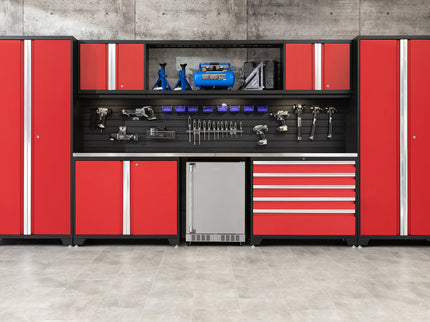 NewAge | Pro Series 9 Piece Cabinet Set with Wall, Tool Drawer Cabinet, Lockers, and Stainless Steel Door Fridge