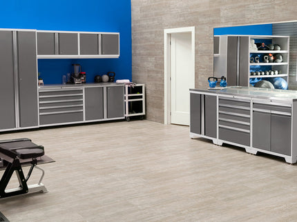 NewAge | Pro Series 9 Piece Cabinet Set with Wall, Tool Drawer Cabinet, Lockers, and Stainless Steel Door Fridge