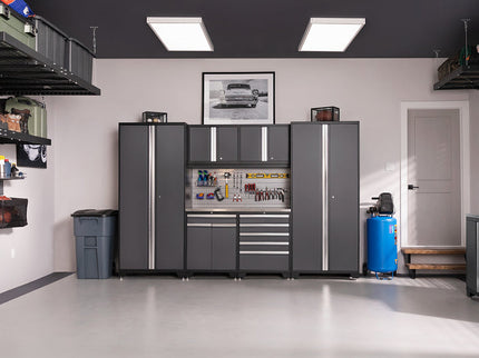 NewAge | Pro Series 7 Piece Cabinet Set with Base, Wall, Tool Drawer Cabinet, Lockers and 56 in. Worktop