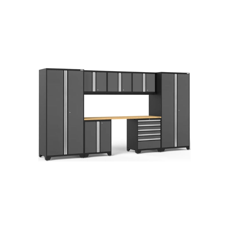 NewAge | Pro Series 8 Piece Cabinet Set with Wall, Base, Tool Drawer Cabinet, Lockers and 84 in. Worktop