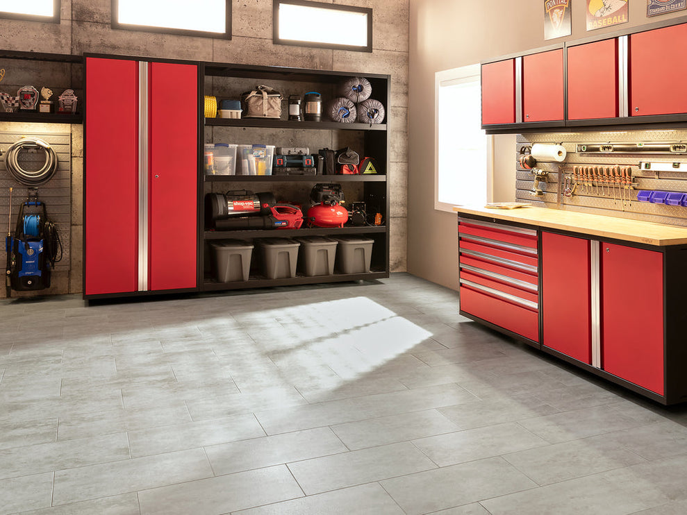 NewAge | Pro Series 9 Piece Cabinet Set with Wall, Base, Tool Drawer Cabinet, Lockers, Utility Cart and 84 in. Worktop