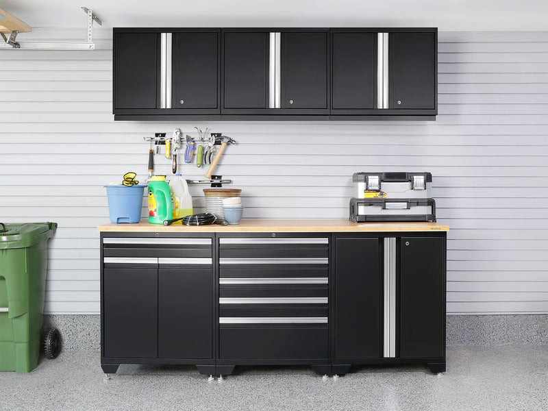 NewAge | Pro Series 9 Piece Cabinet Set with Wall, Base, Tool Drawer Cabinet, Lockers, Utility Cart and 84 in. Worktop