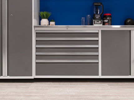 NewAge | Pro Series 9 Piece Cabinet Set with Wall, Base, Tool Drawer Cabinet, Lockers, Utility Cart and 84 in. Worktop