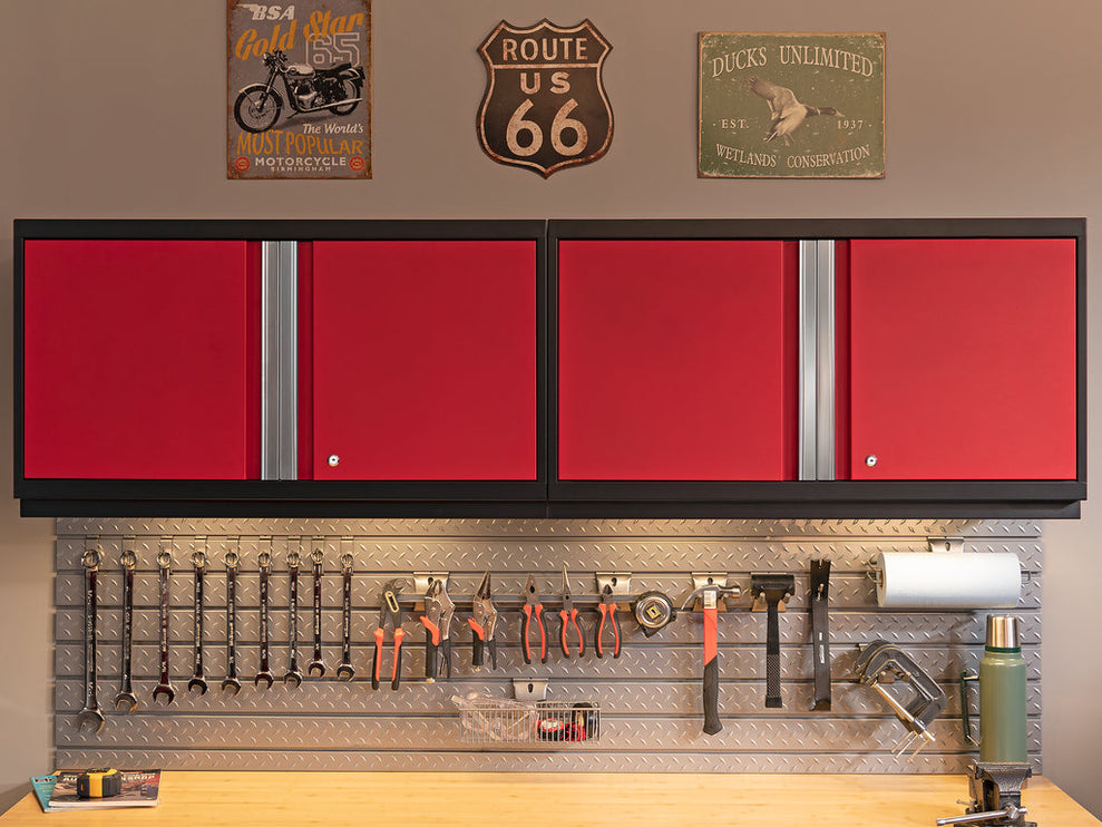 NewAge | Pro Series 9 Piece Cabinet Set with Wall, Base, Tool Drawer Cabinet, Lockers, Utility Cart and 84 in. Worktop