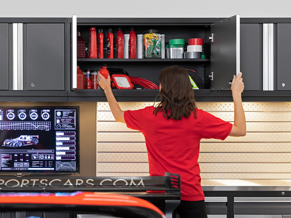 NewAge | Pro Series 9 Piece Cabinet Set with Wall, Base, Tool Drawer Cabinet, Lockers, Utility Cart and 84 in. Worktop