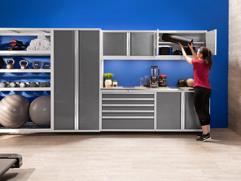NewAge | Pro Series 9 Piece Cabinet Set with Wall, Base, Tool Drawer Cabinet, Lockers, Utility Cart and 84 in. Worktop