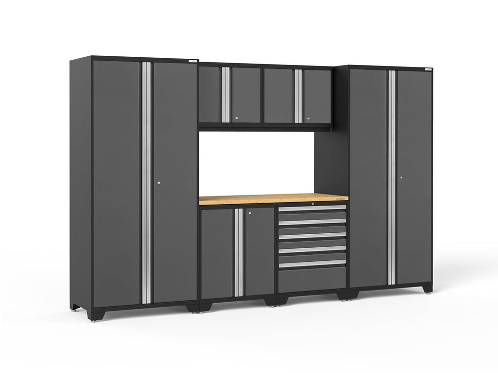 NewAge | Pro Series 7 Piece Cabinet Set with Base, Wall, Tool Drawer Cabinet, Lockers and 56 in. Worktop
