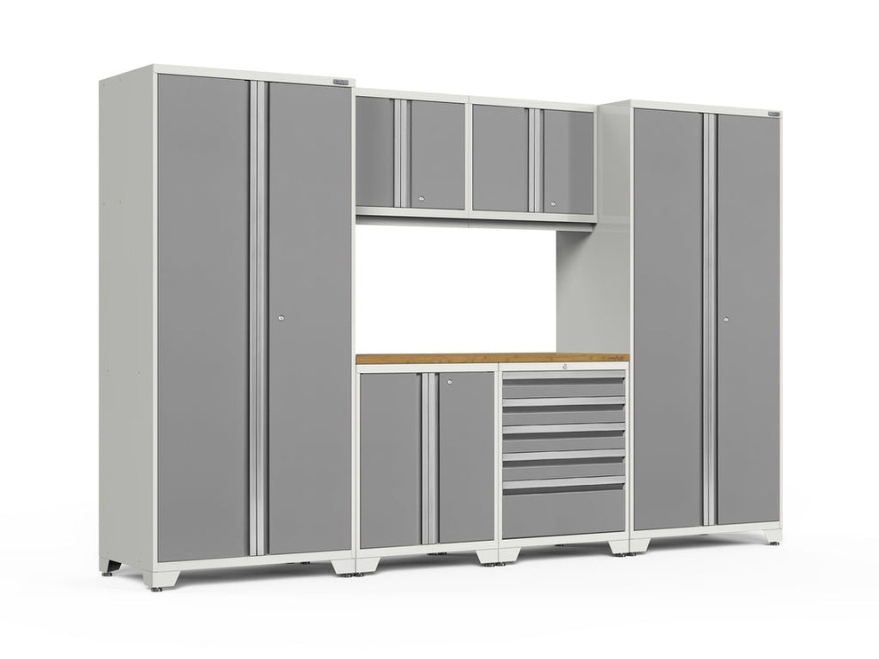 NewAge | Pro Series 7 Piece Cabinet Set with Base, Wall, Tool Drawer Cabinet, Lockers and 56 in. Worktop