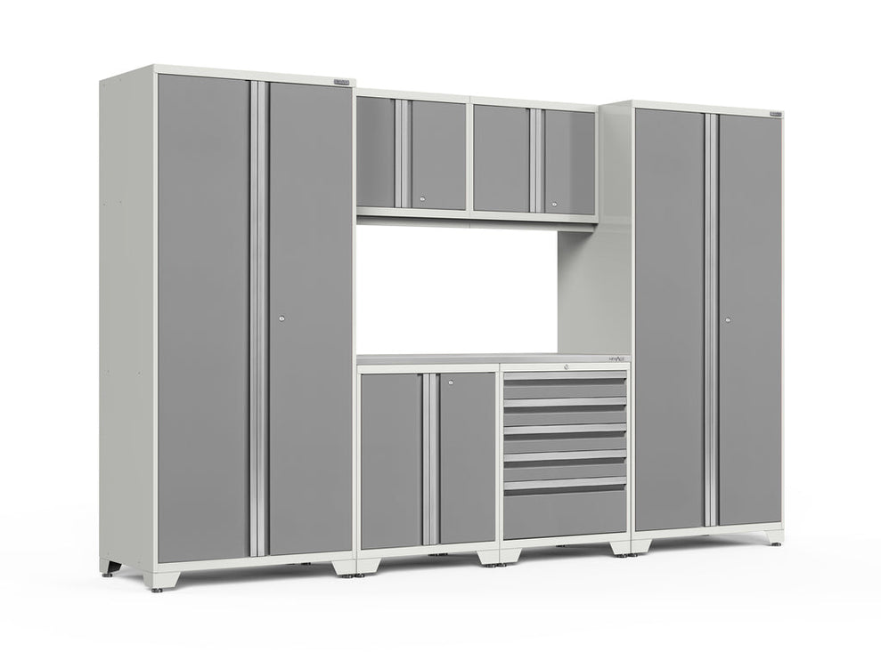 NewAge | Pro Series 7 Piece Cabinet Set with Base, Wall, Tool Drawer Cabinet, Lockers and 56 in. Worktop