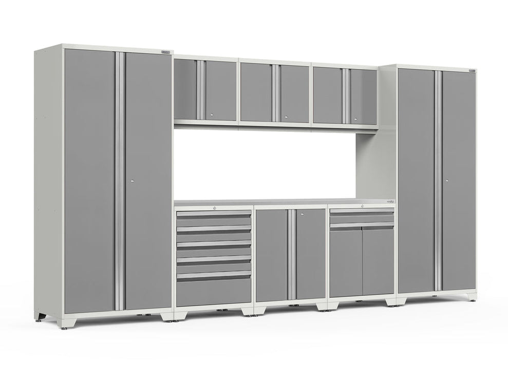 NewAge | Pro Series 9 Piece Cabinet Set with Wall, Base, Tool Drawer, Multi-Function Cabinet, Lockers, and 84 in. Worktop