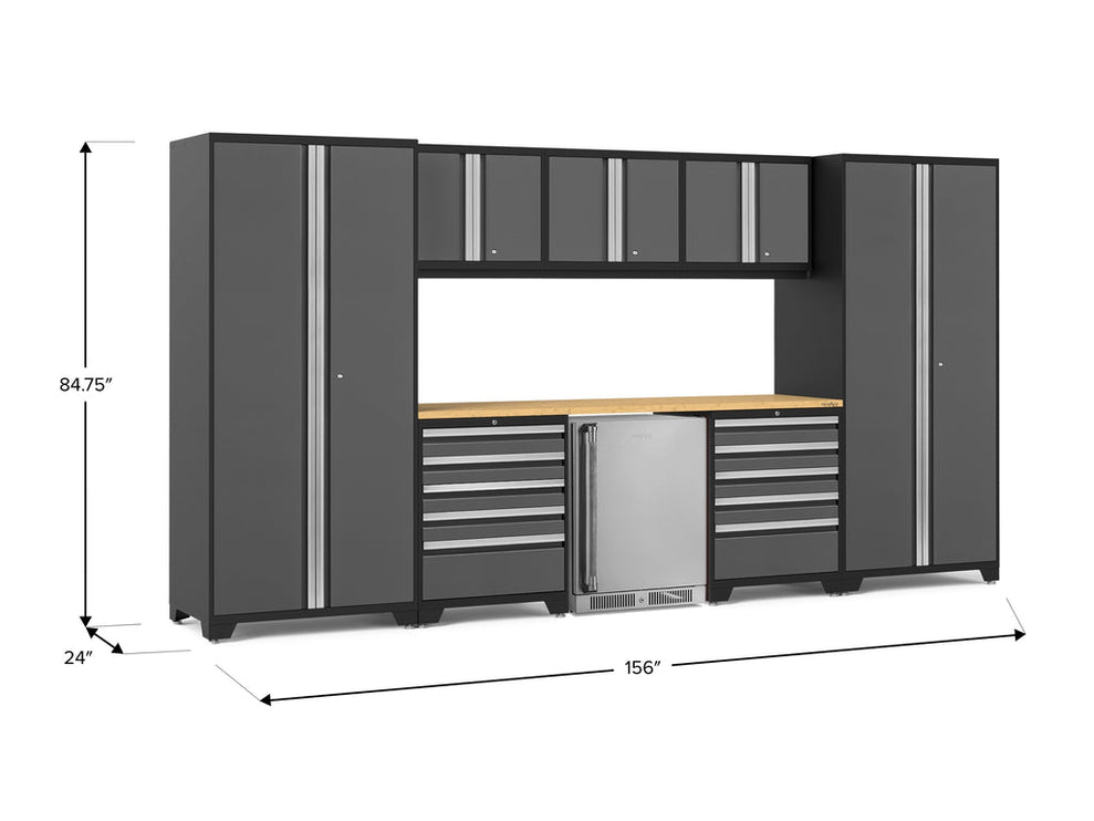 NewAge | Pro Series 9 Piece Cabinet Set with Wall, Tool Drawer Cabinet, Lockers, and Stainless Steel Door Fridge