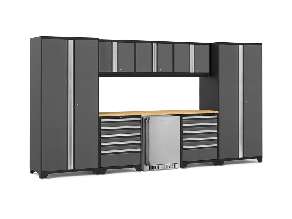NewAge | Pro Series 9 Piece Cabinet Set with Wall, Tool Drawer Cabinet, Lockers, and Stainless Steel Door Fridge