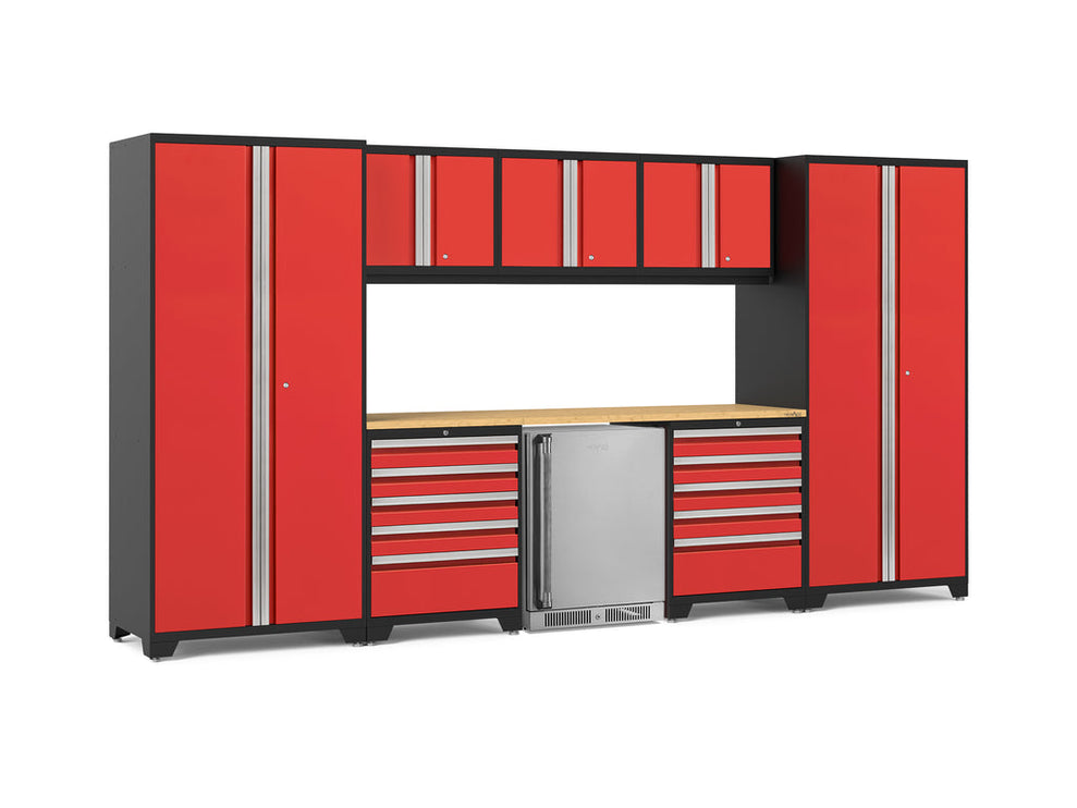 NewAge | Pro Series 9 Piece Cabinet Set with Wall, Tool Drawer Cabinet, Lockers, and Stainless Steel Door Fridge