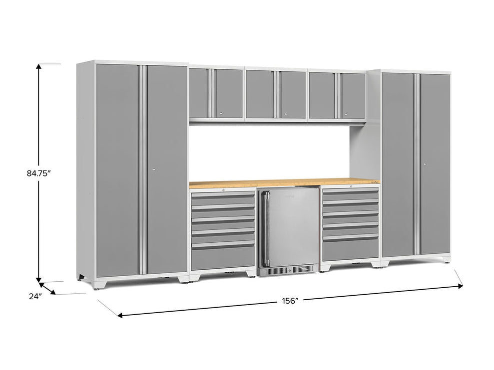 NewAge | Pro Series 9 Piece Cabinet Set with Wall, Tool Drawer Cabinet, Lockers, and Stainless Steel Door Fridge