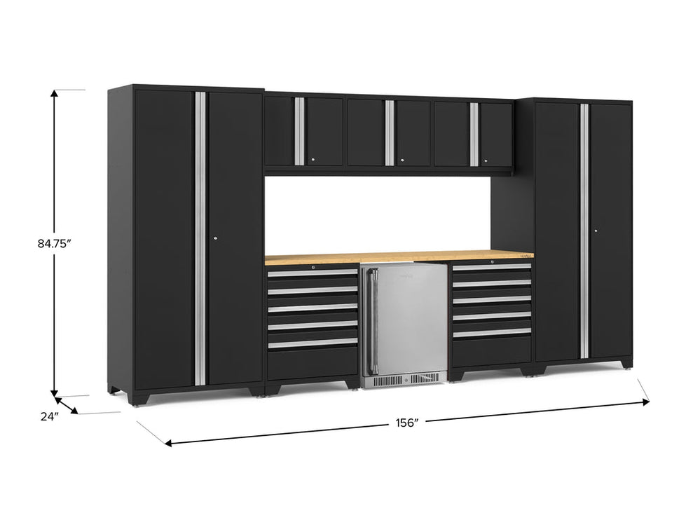 NewAge | Pro Series 9 Piece Cabinet Set with Wall, Tool Drawer Cabinet, Lockers, and Stainless Steel Door Fridge