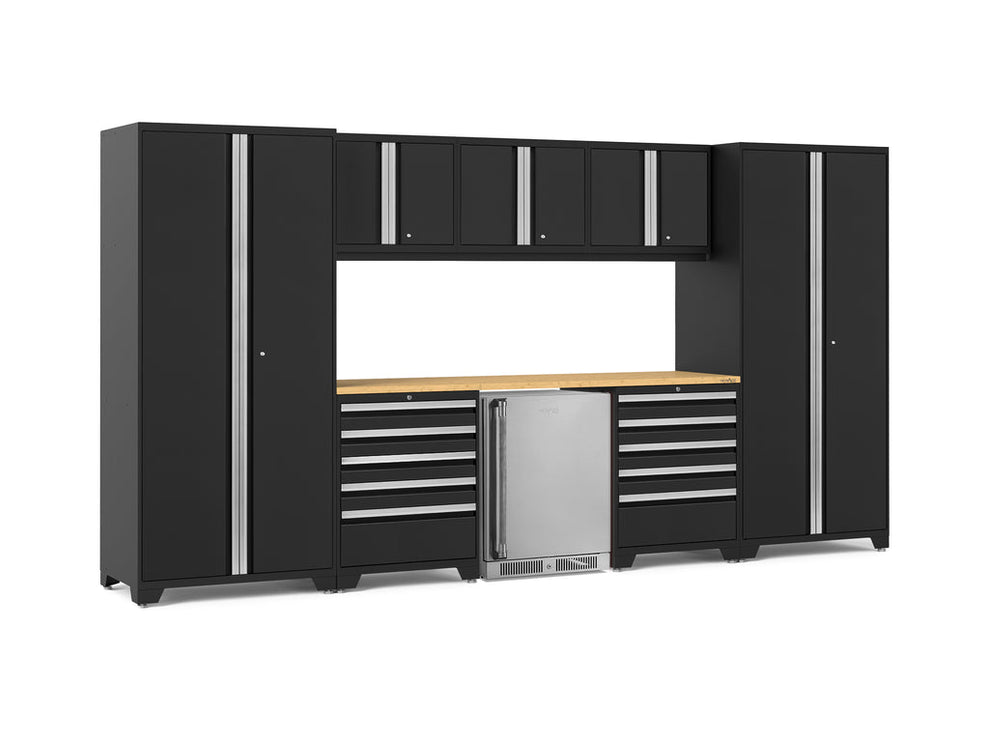 NewAge | Pro Series 9 Piece Cabinet Set with Wall, Tool Drawer Cabinet, Lockers, and Stainless Steel Door Fridge