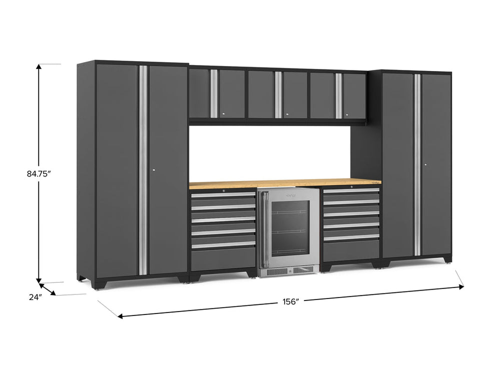 NewAge | Pro Series 9 Piece Cabinet Set with Wall, Tool Drawer Cabinet, Lockers, and Glass Door Fridge