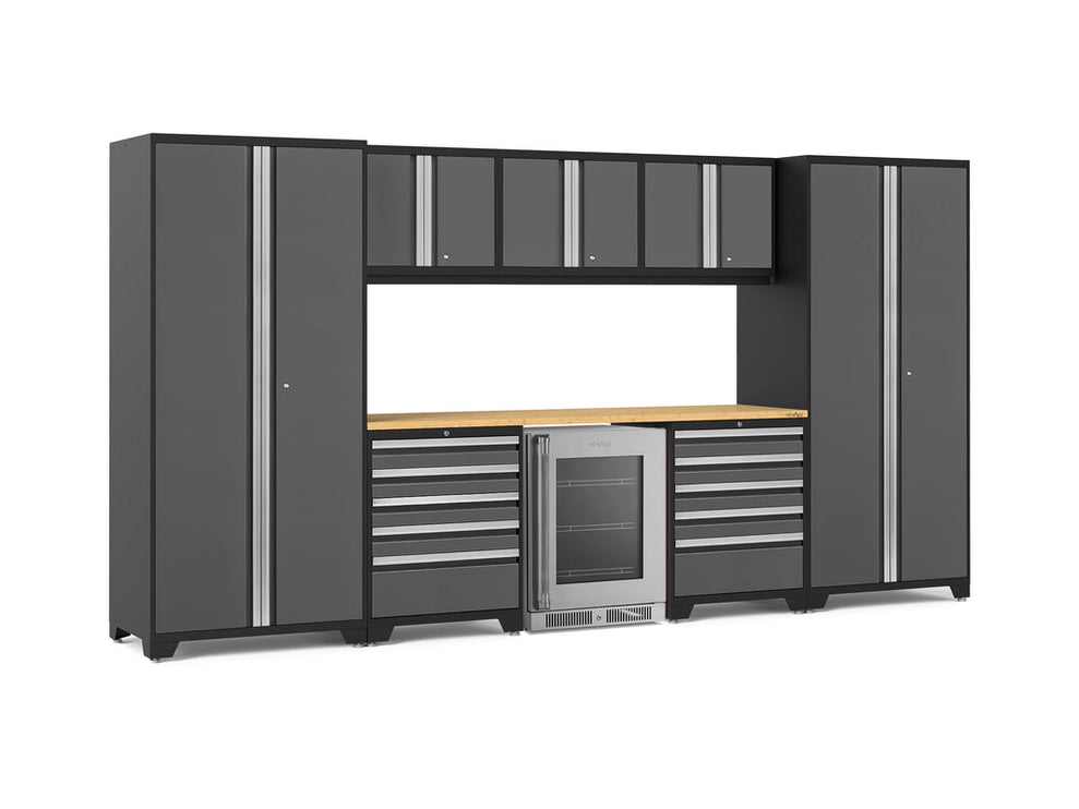 NewAge | Pro Series 9 Piece Cabinet Set with Wall, Tool Drawer Cabinet, Lockers, and Glass Door Fridge