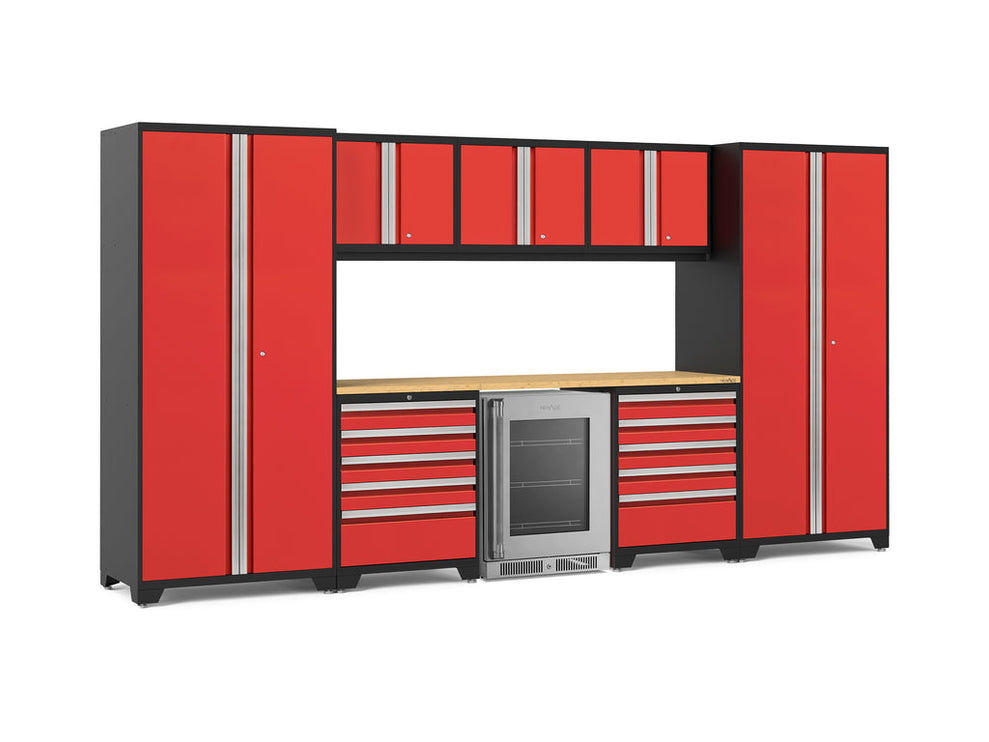 NewAge | Pro Series 9 Piece Cabinet Set with Wall, Tool Drawer Cabinet, Lockers, and Glass Door Fridge
