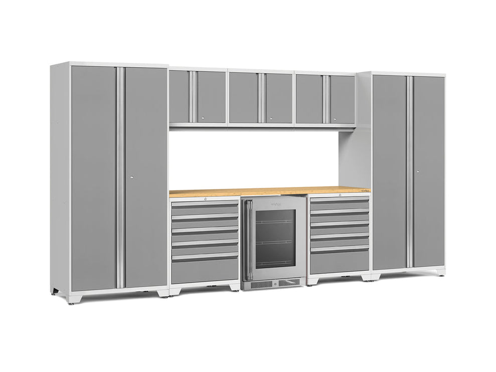 NewAge | Pro Series 9 Piece Cabinet Set with Wall, Tool Drawer Cabinet, Lockers, and Glass Door Fridge