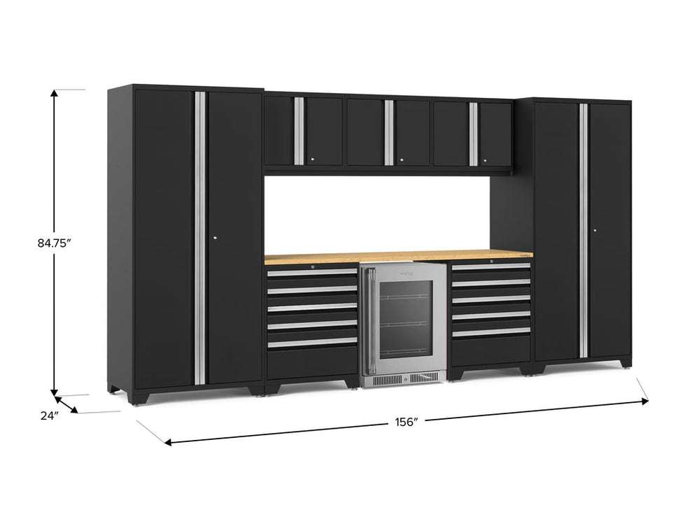 NewAge | Pro Series 9 Piece Cabinet Set with Wall, Tool Drawer Cabinet, Lockers, and Glass Door Fridge
