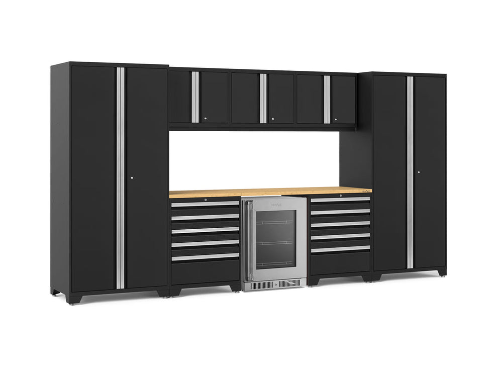 NewAge | Pro Series 9 Piece Cabinet Set with Wall, Tool Drawer Cabinet, Lockers, and Glass Door Fridge