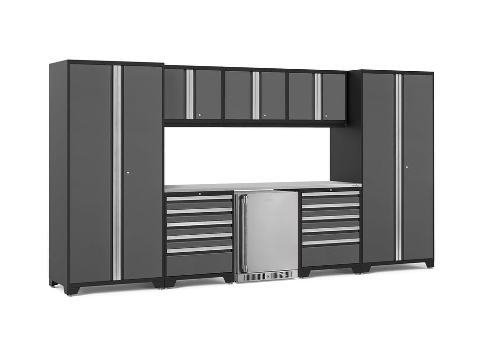 NewAge | Pro Series 9 Piece Cabinet Set with Wall, Tool Drawer Cabinet, Lockers, and Stainless Steel Door Fridge