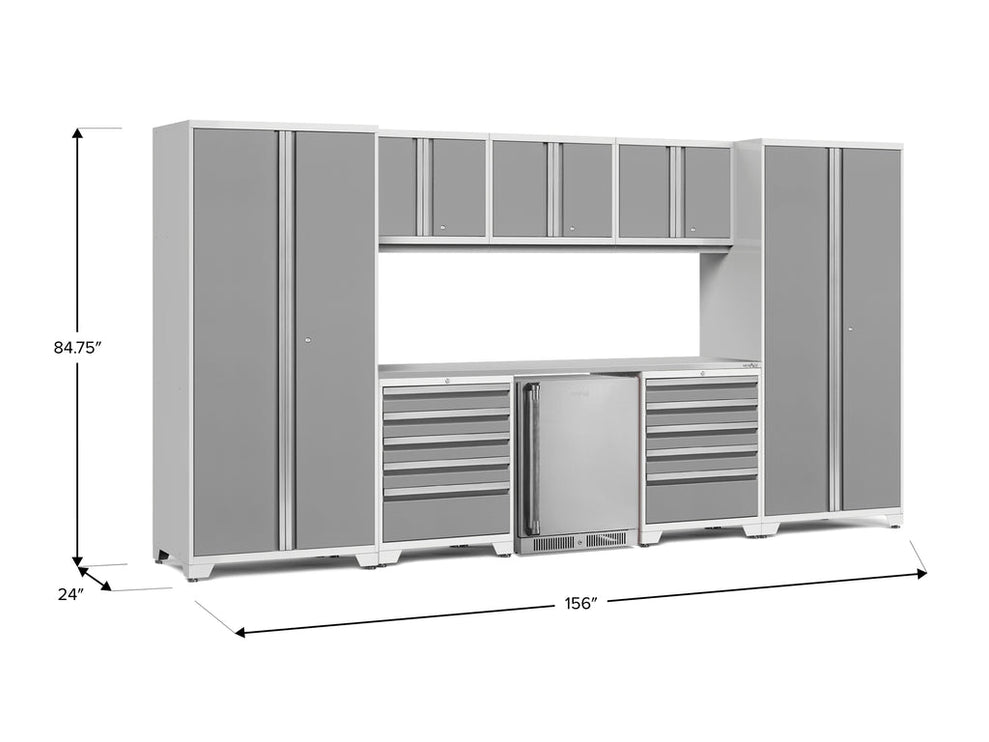 NewAge | Pro Series 9 Piece Cabinet Set with Wall, Tool Drawer Cabinet, Lockers, and Stainless Steel Door Fridge