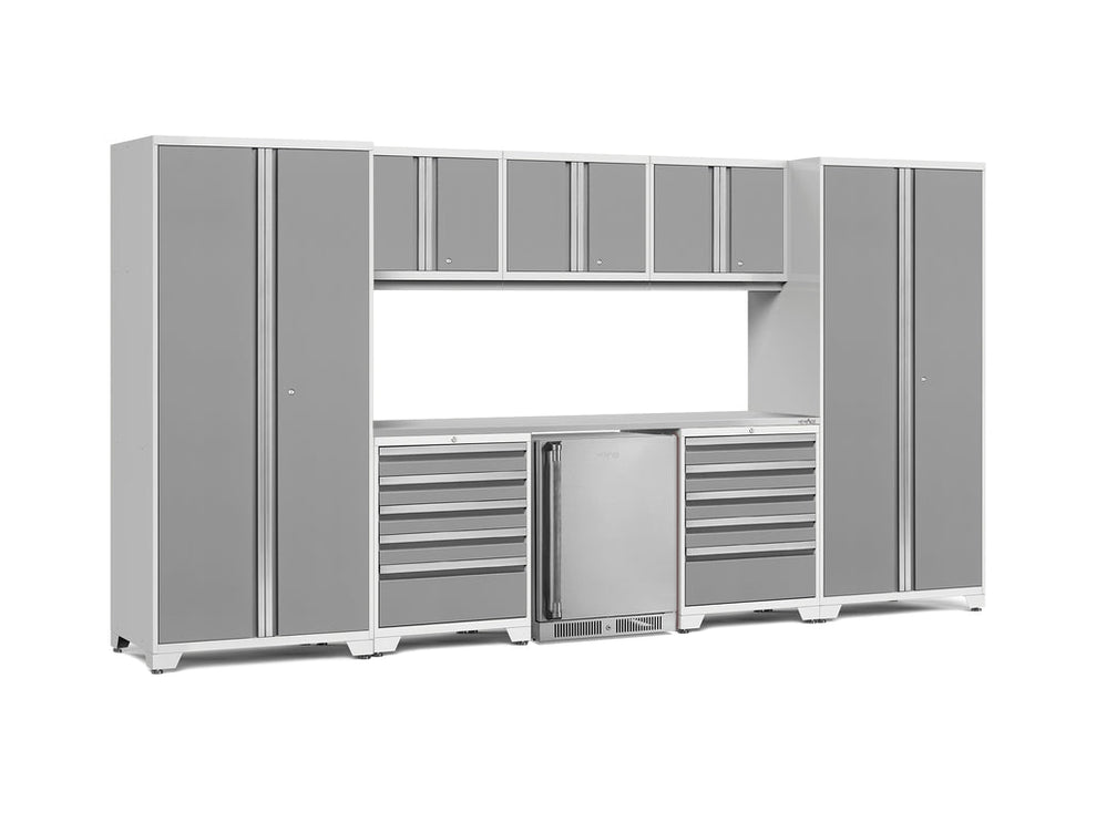NewAge | Pro Series 9 Piece Cabinet Set with Wall, Tool Drawer Cabinet, Lockers, and Stainless Steel Door Fridge