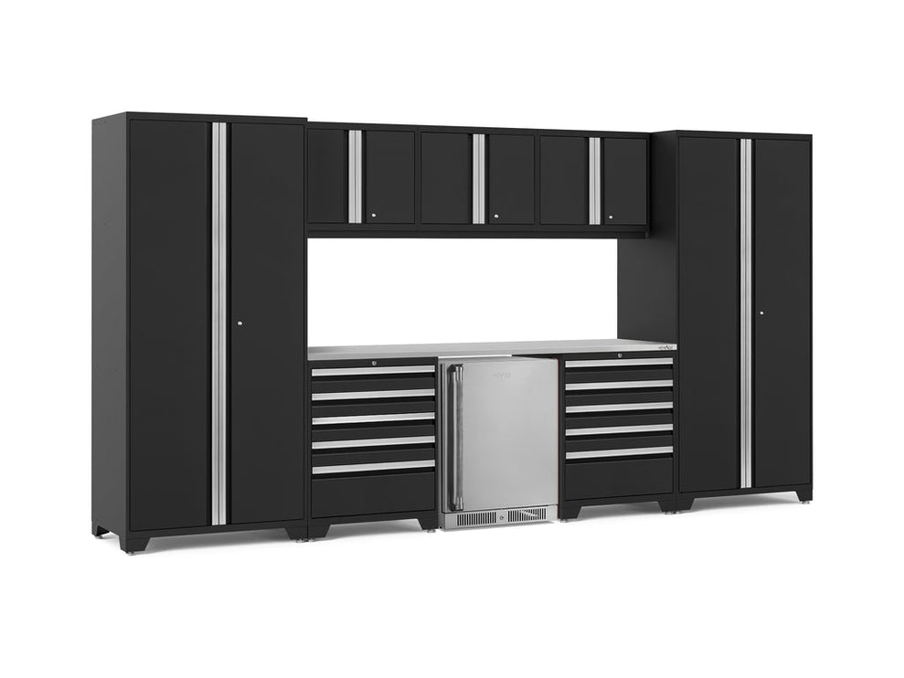 NewAge | Pro Series 9 Piece Cabinet Set with Wall, Tool Drawer Cabinet, Lockers, and Stainless Steel Door Fridge