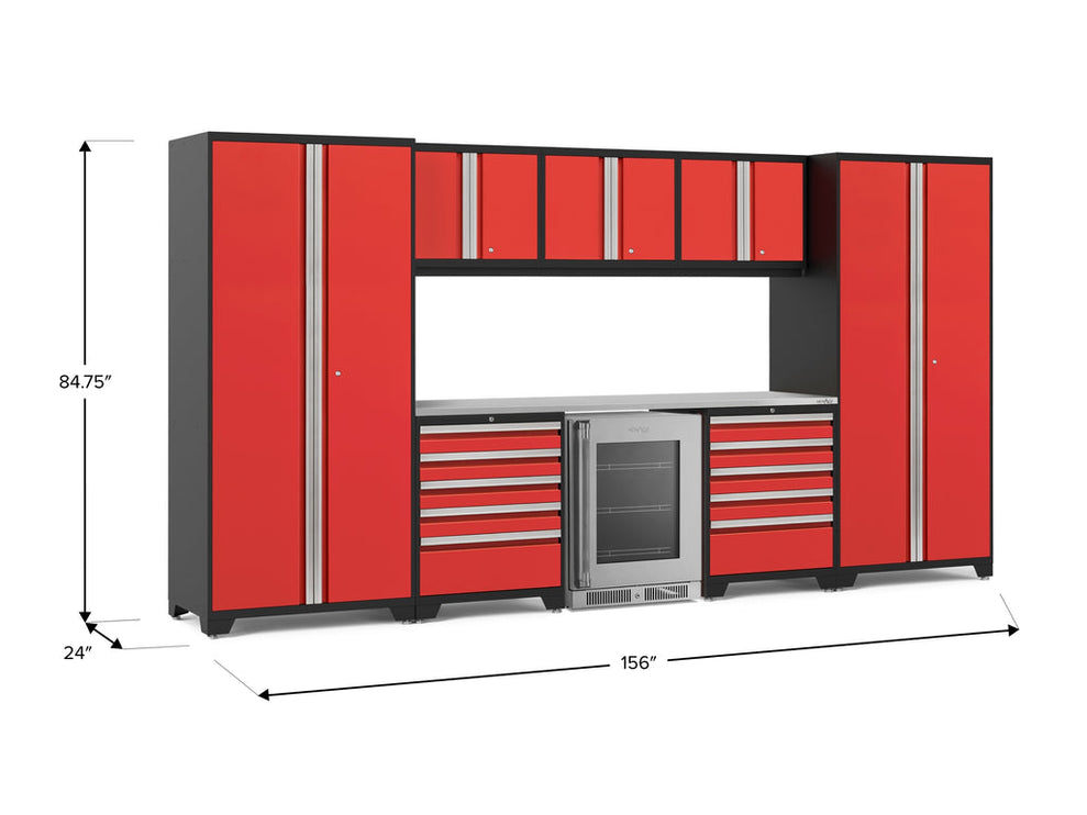 NewAge | Pro Series 9 Piece Cabinet Set with Wall, Tool Drawer Cabinet, Lockers, and Glass Door Fridge