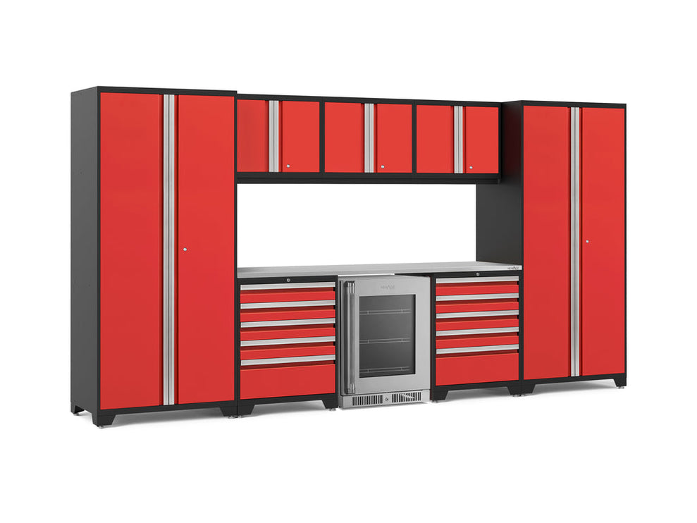 NewAge | Pro Series 9 Piece Cabinet Set with Wall, Tool Drawer Cabinet, Lockers, and Glass Door Fridge