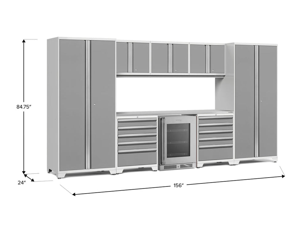 NewAge | Pro Series 9 Piece Cabinet Set with Wall, Tool Drawer Cabinet, Lockers, and Glass Door Fridge