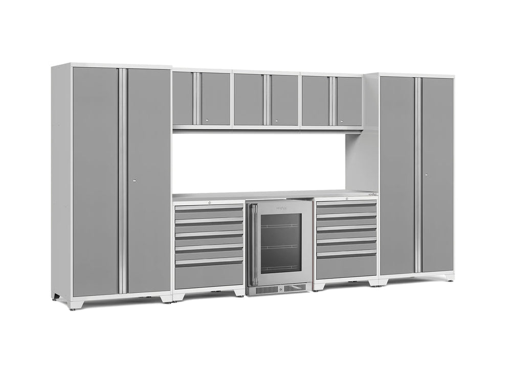 NewAge | Pro Series 9 Piece Cabinet Set with Wall, Tool Drawer Cabinet, Lockers, and Glass Door Fridge