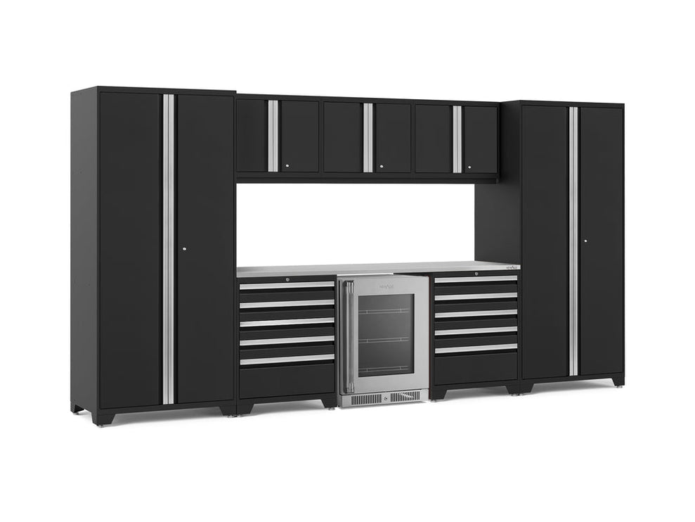 NewAge | Pro Series 9 Piece Cabinet Set with Wall, Tool Drawer Cabinet, Lockers, and Glass Door Fridge