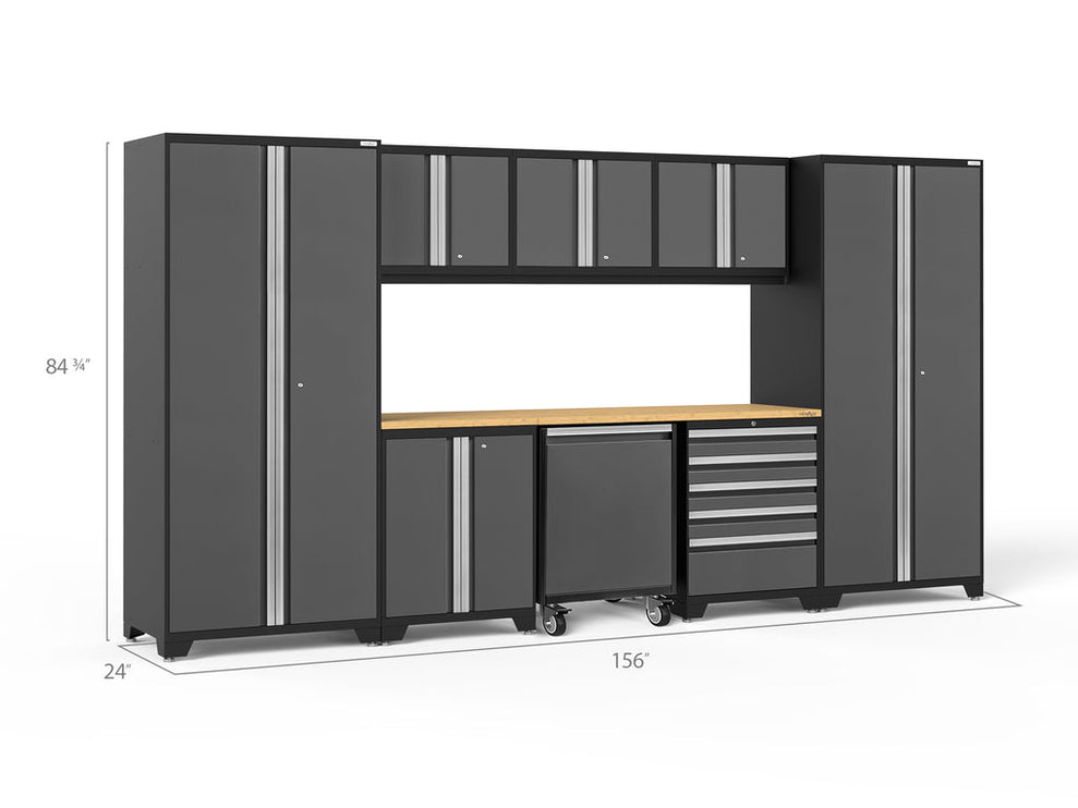 NewAge | Pro Series 9 Piece Cabinet Set with Wall, Base, Tool Drawer Cabinet, Lockers, Utility Cart and 84 in. Worktop