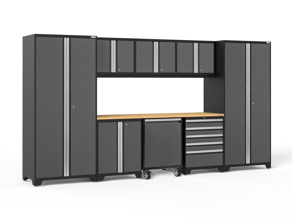 NewAge | Pro Series 9 Piece Cabinet Set with Wall, Base, Tool Drawer Cabinet, Lockers, Utility Cart and 84 in. Worktop