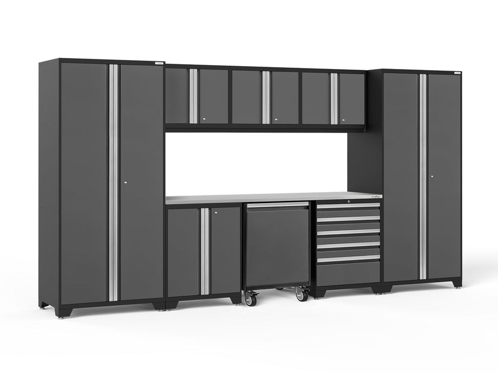 NewAge | Pro Series 9 Piece Cabinet Set with Wall, Base, Tool Drawer Cabinet, Lockers, Utility Cart and 84 in. Worktop