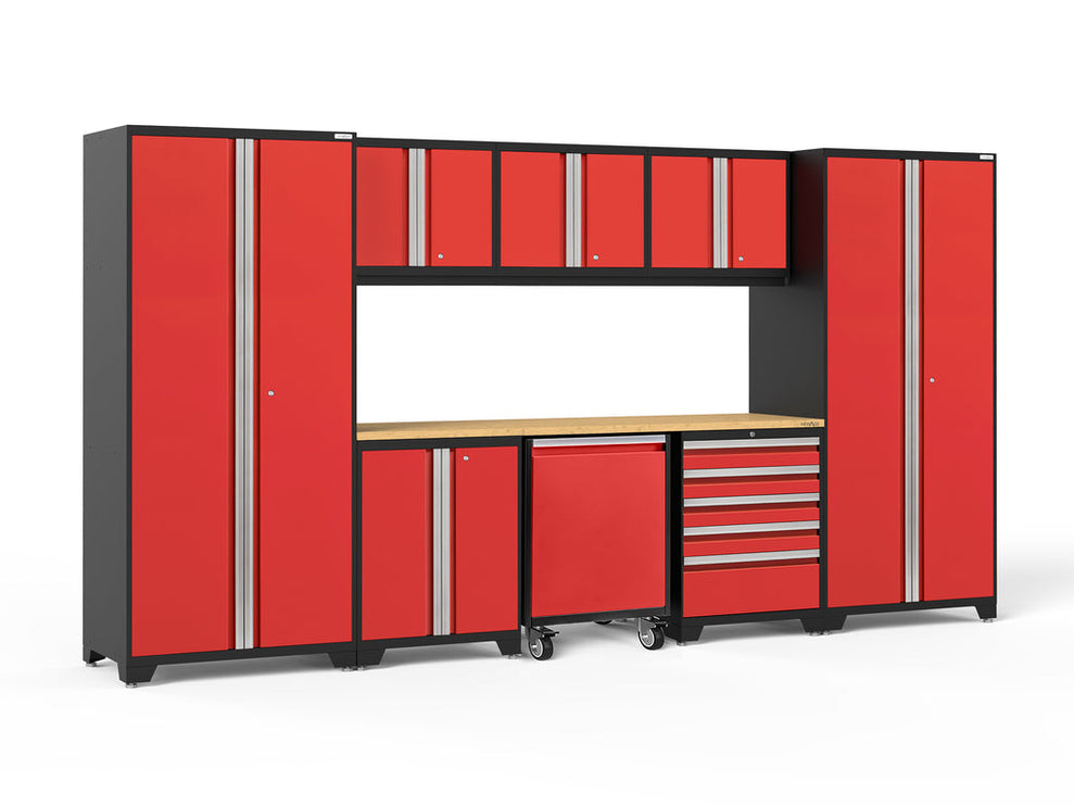 NewAge | Pro Series 9 Piece Cabinet Set with Wall, Base, Tool Drawer Cabinet, Lockers, Utility Cart and 84 in. Worktop