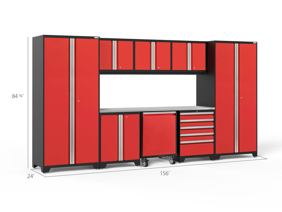 NewAge | Pro Series 9 Piece Cabinet Set with Wall, Base, Tool Drawer Cabinet, Lockers, Utility Cart and 84 in. Worktop