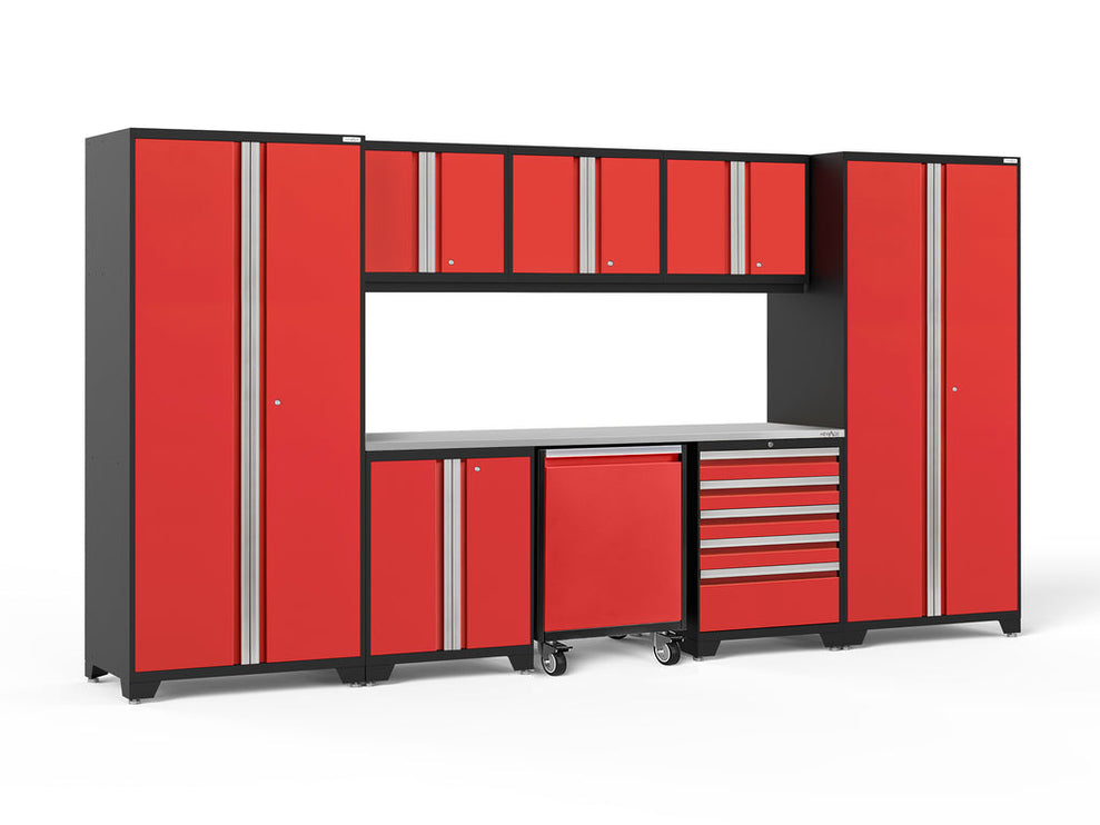 NewAge | Pro Series 9 Piece Cabinet Set with Wall, Base, Tool Drawer Cabinet, Lockers, Utility Cart and 84 in. Worktop