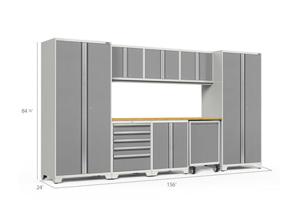 NewAge | Pro Series 9 Piece Cabinet Set with Wall, Base, Tool Drawer Cabinet, Lockers, Utility Cart and 84 in. Worktop